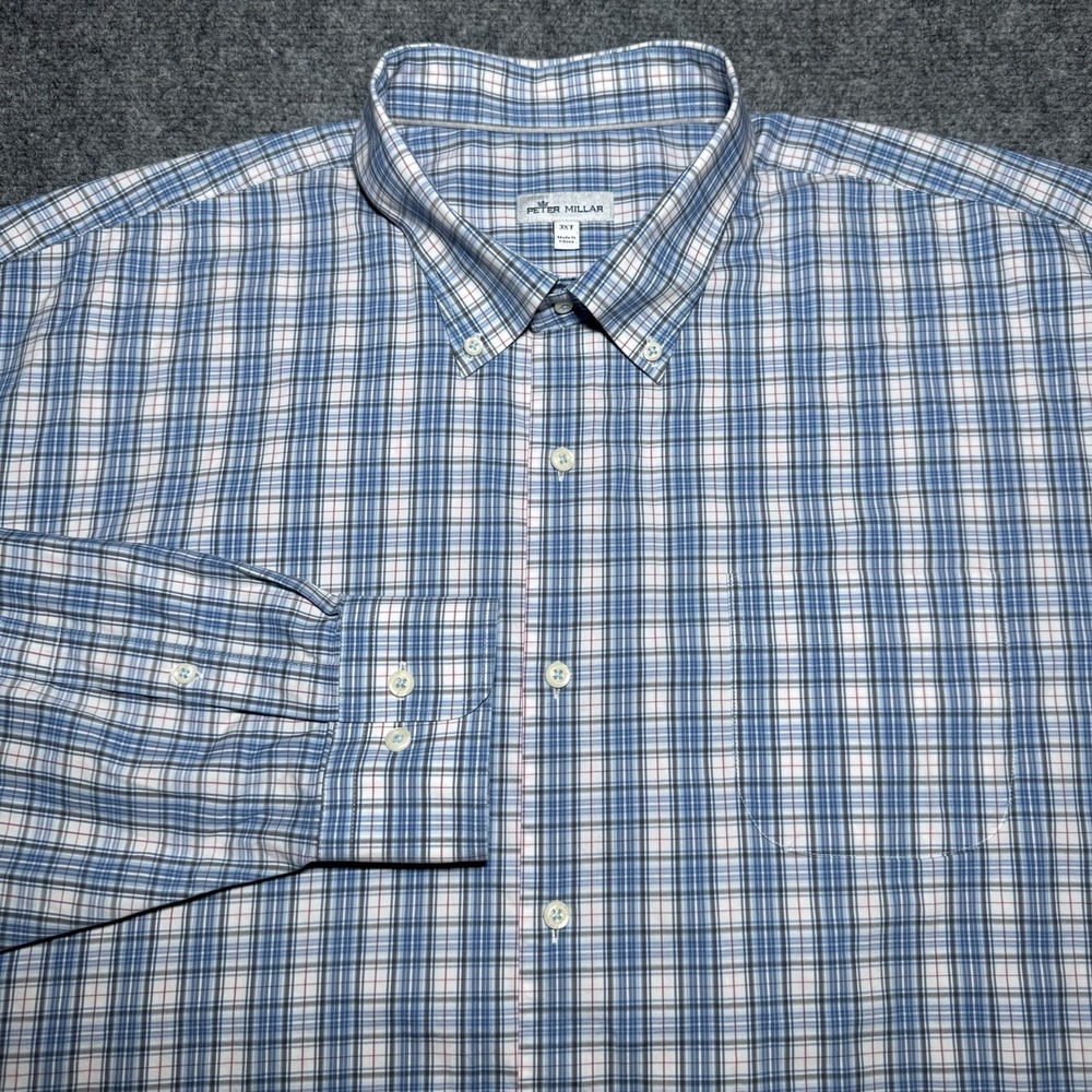 Peter Millar Button Down Plaid Shirt Men 3XL Blue White Red MF19W37NBLBT Preppy